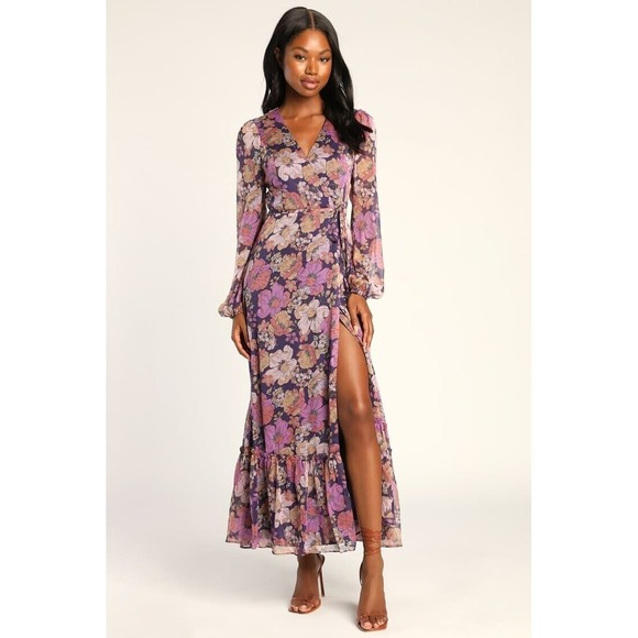 Lulus Feeling Sweet Purple‎ Floral Print Long Sleeve Wrap Maxi Dress Size Medium - Picture 1 of 9